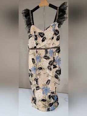 NWT Lulus Cream Blue Show Stopper Embroidered Floral Sequined Midi Dress Small